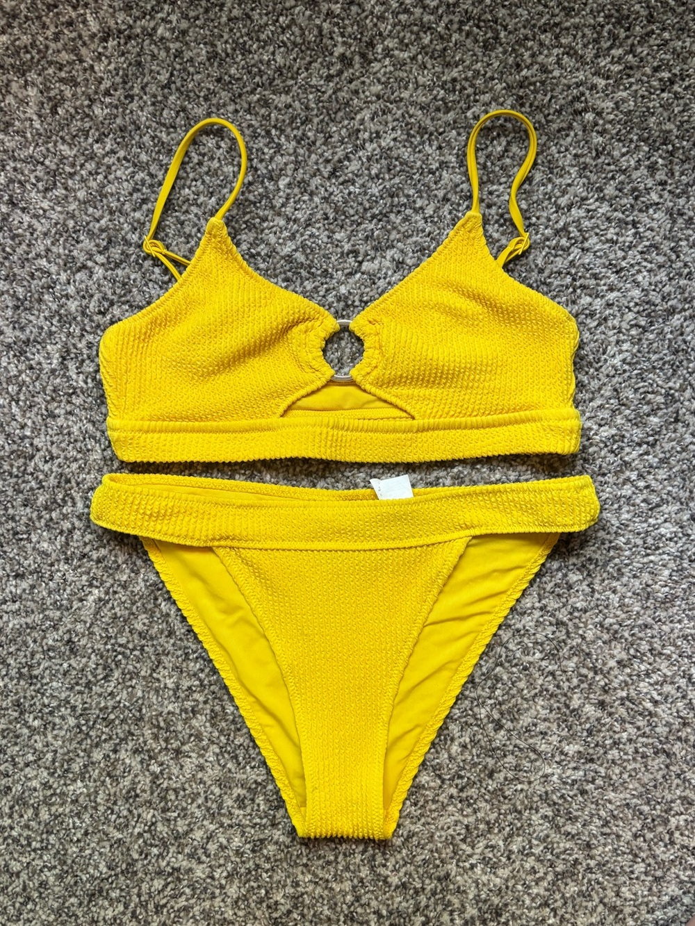 aerie Bright Yellow Textured Bikini Set with Ring Accent